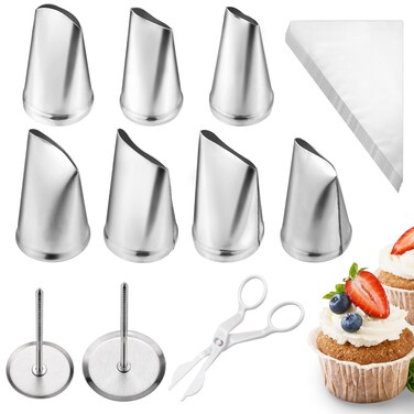 Rose Flower Piping Tips Set, 7pcs Cake Decorating Stainless Steel Icing Piping Nozzle Tips with 2 Cake Flower Nail, 1 Flower Lifters and 10 Disposable Pastry Bags