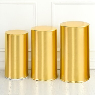 uxcell Set of 3 Gold Cylinder Stand Covers for Metal White Cylinder Pedestals Stands, Spandex Pedestals Cover for Party, Wedding, Birthday, Only Cover, Small