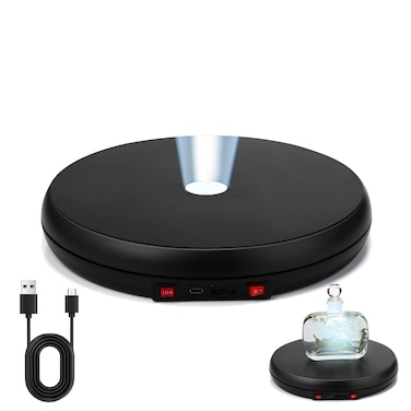 Colingmill LED Light Motorized Rotating Display Stand Turner 360 Degree Display Spinner 10 Inch/44lbs Black Electric Rotating Display Base with USB Cable for Photography Products Display Jewelry