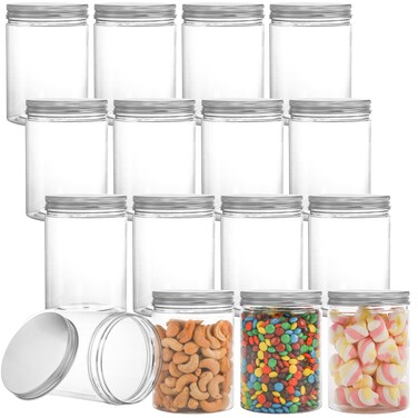 Tebery 16 Pack Clear Plastic Jars Bottles Containers with Silver Ribbed Lids 20oz Straight Cylinders Storage Canisters for Food &amp; Home Storage