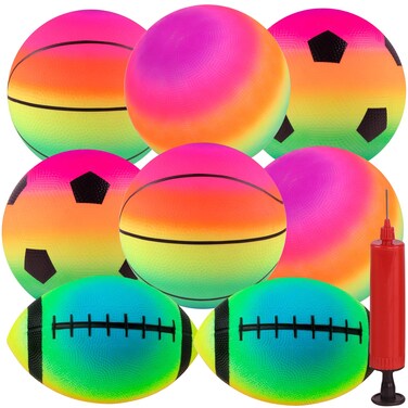 kuchisity Rainbow Sports Balls, 8 Pack 8.5" Bounce Playground Balls for Kids Inflatable Ball Playground Soccer Basketball Football Sports Balls Rubber Kick Balls for Indoor Outdoor Activities