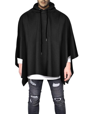 Demetory Men's Solid Color Oversized Batwing Sleeves Hooded Poncho Cape Cloak Black X-Large