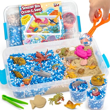 Ocean&amp;Sand Sensory Bin with Lid, 42 Pcs Sensory Sand Kit with Sea Animals for Kids, Birthday Christmas Gifts for Boys Girls, Preschool Learning Activities Tools Box, Outdoor Sandbox Toys for Toddlers