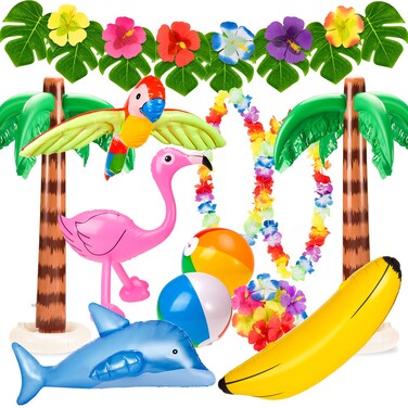 Whaline 31pcs Summer Inflatable Palm Tree Beach Flamingo Dolphin Parrot Banana Inflatable Pool Toys Summer Beach Hibiscus Leis Luau Flower Necklace for Hawaiian Beach Luau Party Decorations
