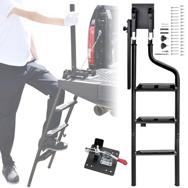 POKIAUTO 45" Foldable Pickup Truck Tailgate Ladder with Grab Handle, Heavy Duty Universal Folding Tailgate Step Ladder with Handrail for Pickup Truck (F250, RAM 2500 etc.) Accessories