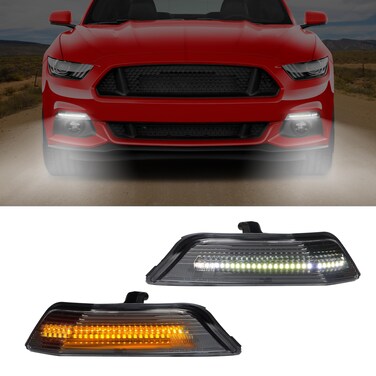 KAKABAS LED DRL Front Bumper Turn Signal Light Compatible With Ford Mustang 2015 2016 2017, Transparent Lens White Turn Water Light/Amber Sequential Turn Signal Light, 2PCS