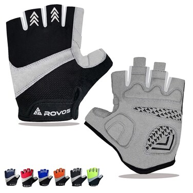 ROVOS Bike Gloves Men &amp; Women Cycling Gloves Bicycle Gloves 5mm Absorbing Padded Half Finger Breathable Mountain Bike MTB Road Biking Gloves (Black, Medium)
