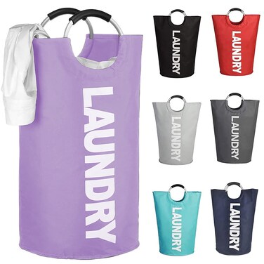 Mziart 90L Large Collapsible Laundry Basket with Padded Handles, Heavy Duty Oxford Fabric Laundry Hamper Tall Laundry Bag Foldable Laundry Bin Storage Organizer for Nursery Bedroom College Dorm-Purple