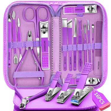 Manicure Set 16Pcs Professional Stainless Steel Pedicure Kit Mens Grooming Kit Fingernail &amp; Toenail Clippers Set Manicure Kit with Luxurious Travel Bag, Sharp Nail Scissors and Clipper (Purple)