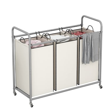 LINZINAR 3-Bag Laundry Sorter,Laundry Hamper Cart with Heavy Duty Rolling Lockable Wheels and Removable Bags (Beige)