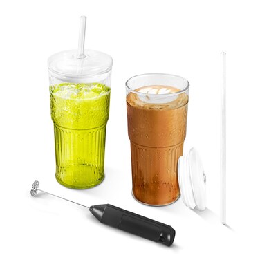 2 Pack 22oz Iced Coffee Cup and Glass Tumbler with Straw and Lid &ndash; High Borosilicate Glass Cups with Lids and Straws, Portable Milk Frother for Smoothies, Water, Juice &ndash; Reusable Glass Coffee Cups