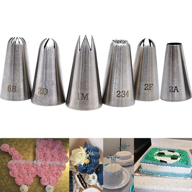 Cake Decorating Icing Piping Tip Set,6 Large Decorating Tips #1M 2A 2D 2F 6B 234, Stainless Steel Pastry Tips Frosting Tips Nozzles for Cupcake Cake Cookie decro