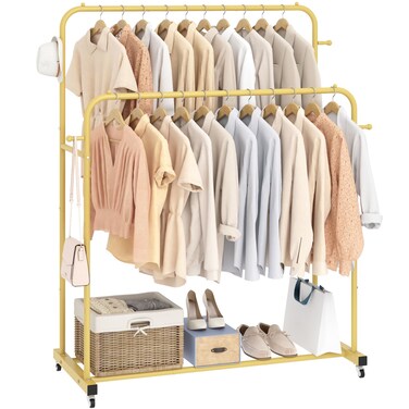 Laiensia Double Rods Garment Rack with Wheels, Clothing Rack for Hanging Clothes,4 Hooks, Multi-Functional Bedroom Clothes Rack, Gold