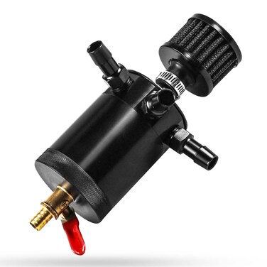 Universal Baffled Oil Catch Can with Breather Filter and Drain Valve 3-Port(1oulet + 2inlets),150ml Billet Aluminum Oil Separator Catch Can Oil Reservoir Tank, Adapters/Screws/Washers Included, Black