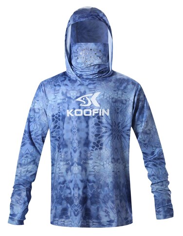 Performance Fishing Hoodie with Face Mask Hooded Sunblock Shirt Sun Shield Long Sleeve Shirt, Light Blue, 2X-Large