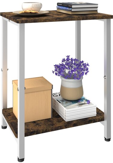 Tigerden 2 Tier Side Table, Heavy Duty End Table with Shelves, Narrow nightstand Table for Small Spaces, Record Player Table for Bedroom, Living Room, Sofa Couch - Rustic Brown &amp; White