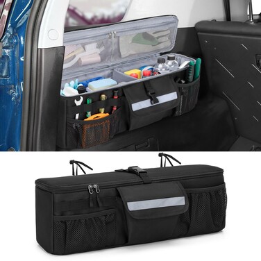 GRAOSO Car Trunk Organizer Compatible with Toyota FJ Cruiser 2007-2021, Rear Storage Bag with 3 Pieces of 1.5&rdquo; Wide Hook&amp;Loop Tapes, 2 Adjustable Hanging Loops, Multiple Pockets, Black