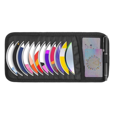 Trinkrittey Black Car CD Case Holder DVD Vehicle Visor Storage Orangizer Large Capacity CD Visor Case with 12 DVD Storage Sleeves 1 Mesh Pocket 1 Pen Holder and Elastic Strap