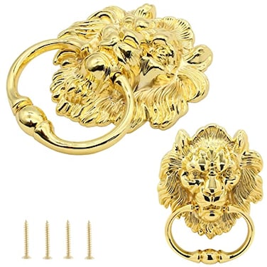 Cionyce 1 Pack Zinc Alloy Door Knocker Lion Shape Dooer Knock Antique Brass Door Knocker Lion Head Ring Pulls for Drawer Dresser Cupboard