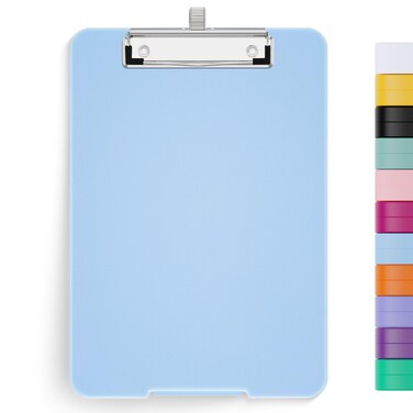 Hongri A5 Clipboard with Storage, Metal Retractable Pen Holder, 6 x 9'' Nursing Plastic Foldable Clip Board, Office Supplies, School Supplies, Menu Box for Work, Blue