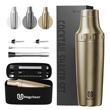 Magcheer Hybrid Cocktail Shaker Set   Vacuum Insulated Stainless Steel Martini Shaker with Strainer &amp; Jigger Lid   Travel Cocktail kit with Bartender Accessory Tools   30oz   Gold