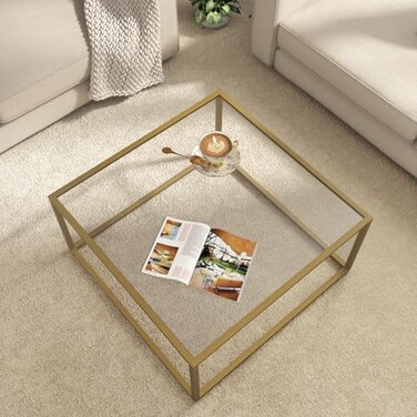 SAYGOER Gold Coffee Table Glass Modern Coffee Tables for Small Space Simple Square Center Table for Living Room Home Office 26.7 x 26.7 x 15.7, Easy Assembly