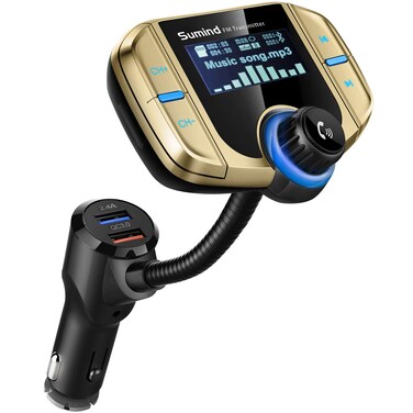Upgraded Bluetooth FM Transmitter, Wireless Radio Adapter Hands Free Car Kit with 1.7'' Display, QC3.0 and Smart 2.4Amp Dual USB Ports, AUX Input/Output, TF Card Mp3 Player (Normal, Golden)