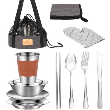 Camping Mess Kit - 1 to 2 Persons Camping Dishes Includes Cups Bowls Dishes Knives Forks Spoons, Etc, Camping Cutlery Set with Mesh Bag is Easy to Carry for Backpacking, Camping, Hiking and Picnics