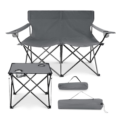 Leonyo Double Camping Chair, Loveseat Camping Chair with Folding Camping Table, 2 Person Outdoor Folding Camping Chairs for Adults, Cup Holders &amp; Carry Bag for Outside Travel, Supports 500lbs, Grey
