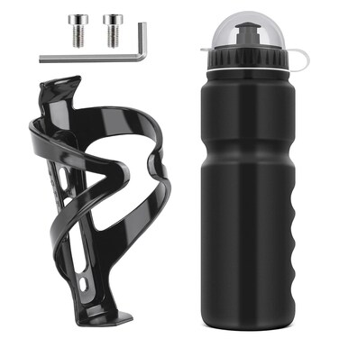 Ainiv Bike Water Bottle Cage with BPA-Free 800ml/28oz Bike Bottle, Black Gloss Strong Bike Water Bottle Holder, Bicycle Cup Holder, Cycling Bottle Holder for Road Bike and Mountain Bike, Black