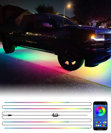 Partsam Car Underglow Neon Accent Strip Lights with APP Control Music Modes, Scene Options, Mic, DIY Wireless Control Underglow Led Lights Strips Adapter for Vehicle SUV Truck - 4 in 1