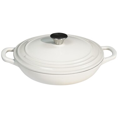 Flavehc Braiser Enameled Cast Iron Braiser 2.25 qt Braiser Pan with Lid White Shallow Cast Iron Casserole Braiser Pan with Handels