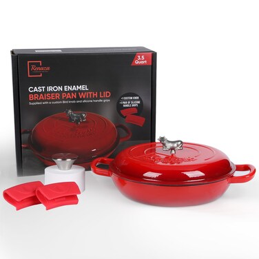 3.5 Qt Enameled Cast Iron Braiser Pan with Lid - With Customizable Knobs &amp; Silicone Heat Grippers - Dutch Oven Cast Iron for Stir Fry &amp; Baking - Braising Pan with Lid Oven Safe Upto 500F