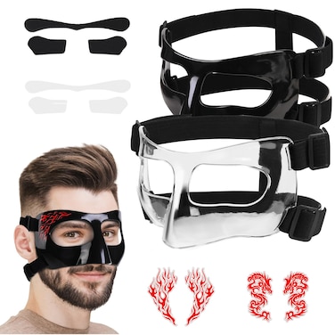 Anyfun AF Nose Guard for Broken Nose Adjustable Basketball Baseball Face Shield Mask with Foam Padding &amp; Stickers for Women Men (Clear+Black Close)