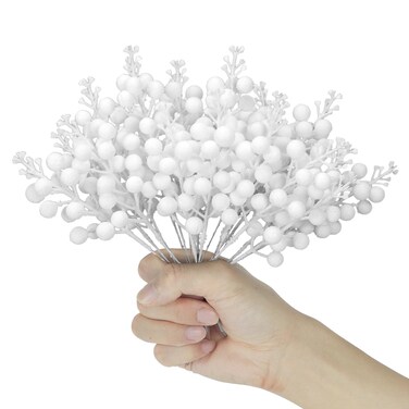 16 Pieces Artificial Glitter Berries Stems, 8-Inch Winter Christmas Picks Berry Sprays Twig Glitter Holly Berry Branches for Xmas Tree Fillers Ornaments, Wreath, Crafts, Home Holiday Decor (White)