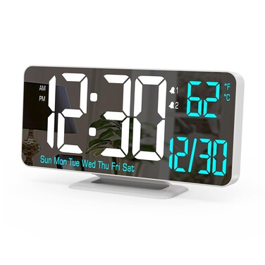 KOSUMOSU Digital LED Clocks for Bedrooms 6.7in White Alarm Clock, Dimming, 12/24h, Date, Day of Week,Temp,Desk Clock, LED Clock for Bedside, Digital Calendar Clocks for Living Room Essentials