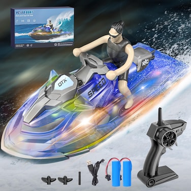 Whimsyland RC Boats for Kids 6+, 2.4GHZ Mini Remote Control Jet-ski with Dual Motors &amp; Led Lights Lakes &amp; Swimming Pool Toys, 2 Rechargeable Batteries, Blue