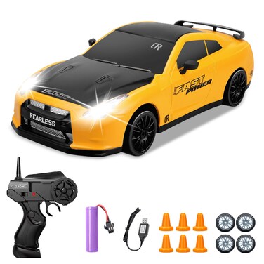 YUAN PLAN Remote Control Car 1/24 2.4GHz 4WD RC Drift Car, Rechargeable High Speed RC Cars with Cool Lights, Batteries and Extra Tires Toys for Kids (Yellow)