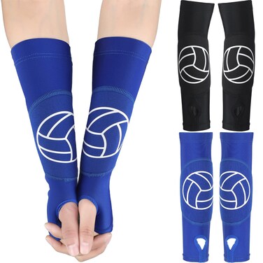 Newcotte 2 Pairs Volleyball Arm Sleeves, Forearm Sleeves with Protection Pads and Thumb Hole Padded, 12 Inches (Black, Blue)