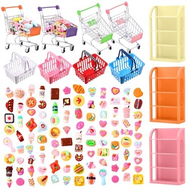 Rotatingpals 161 Pcs Mini Food Miniature Grocery Food Mini Shopping Cart Basket Supermarket Trolleys Doll House Accessories Drink Bottle Kids Toy Cosplay Game for Party Accessory