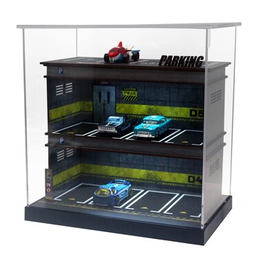 Hot Diecast Wheels Display Case - 1/64 Scale Die-cast Model Car Display Case with LED Light and Acrylic Cover, Wooden Parking Garage in 3 Floors with 10 Parking Spaces (D5)