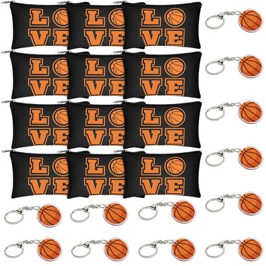 12 Pcs Basketball Makeup Bags and 12 Pcs Basketball Keychains, Portable Toiletry Cosmetic Bag with Zippers Storage Pencil Cases Team Gifts Basketball Party Supplies for Girls and Boys
