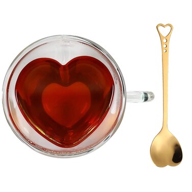 Heart Shaped Cup - Double Walled Insulated Glass Coffee Mug or Tea Cup - Double Wall Glass 8oz (240ml) - Clear - Unique &amp; Insulated with Handle - With Teaspoon