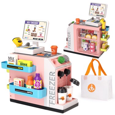 Jovow 48-Piece Pretend Play Cash Register Toy Set with Water Outlet Function - Calculator, Shopping Bag, Scanners, Credit Cards, Coffee Machine, Play Food - Gift for Boys and Girls Ages 3+（Pink）