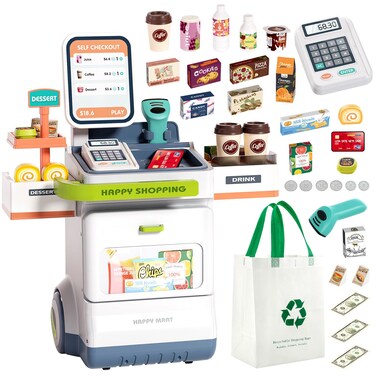 Eohemeral 48-Piece Pretend Play Cash Register Toy with Calculator, Shopping Bag, Scanners, Credit Cards, Grocery Game Food Set, and Mobile Cart - Preschool Gifts for Toddlers, Boys, and Girls