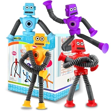 Robot Sensory Toys Valentine's Day Gift For Kid Boys Year Old Ages 3 4 5 6 7 8 9 10(4PCS), Suction Autism Toy Pop Tube Fidget Toys Autistic Travel Toys Stocking Easter Basket Stuffer For Kids Toddlers