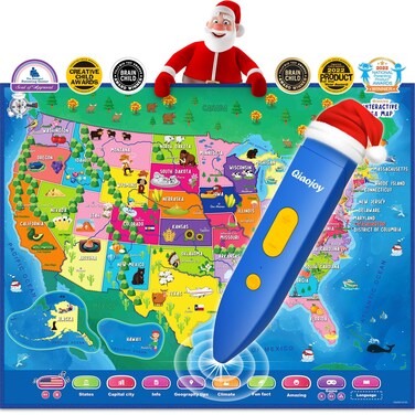 Qiaojoy V2 Interactive Kids Map Bilingual United States Map for Kids Learning, Educational Talking USA Map Poster Geography Games Personalized Kids Toys for Boys &amp; Girls Ages 3-12