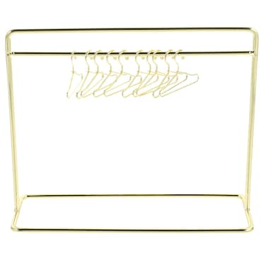 TOYANDONA Doll Garment Rack with Hangers Set Include Miniature Clothes Rack 10pcs Mini Metal Doll Clothes Hangers for Dollhouse Dress Outfit Gown Golden