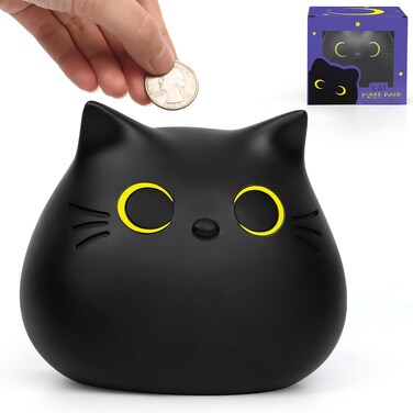 JIZWPOOM Cat Piggy Bank, Coin Piggy Banks for Kids, Boy Piggy Bank for Adults Money Box, Unbreakable Piggy Bank Girls Black Cat Bank Money Bank for Kids Christmas 5.5 X 5 inches