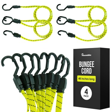 Bungee Cords With Hooks, Bungee Straps, Bungee Cord, Flat Bungee Cords With Hooks, Long Bungee Cords With Hooks, Elastic Straps With Hooks, For Tie Down, Trunk, Moving, Flat, Yellow, 48 Inch Long, 4PK